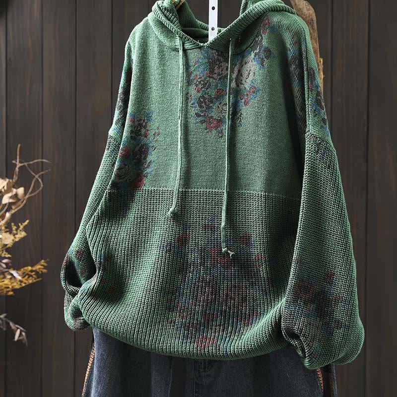 Rest Nest Women's Knitted Floral Long Sleeve Hooded Sweater