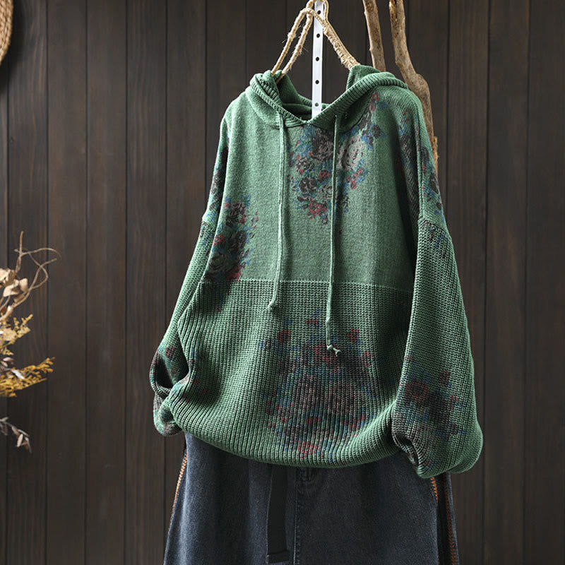 Rest Nest Women's Knitted Floral Long Sleeve Hooded Sweater