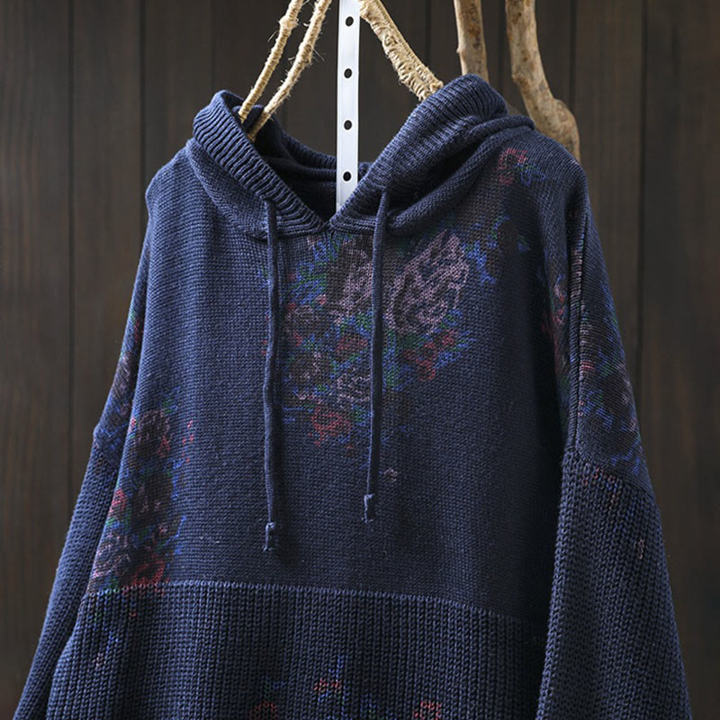 Rest Nest Women's Knitted Floral Long Sleeve Hooded Sweater