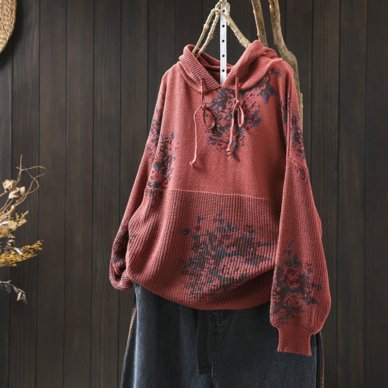 Rest Nest Women's Knitted Floral Long Sleeve Hooded Sweater