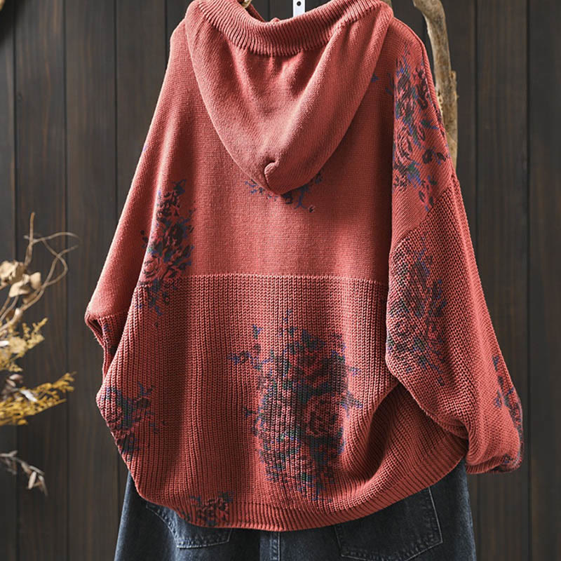 Rest Nest Women's Knitted Floral Long Sleeve Hooded Sweater