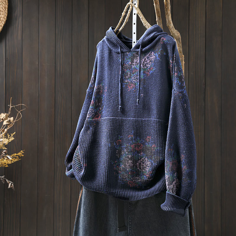 Rest Nest Women's Knitted Floral Long Sleeve Hooded Sweater