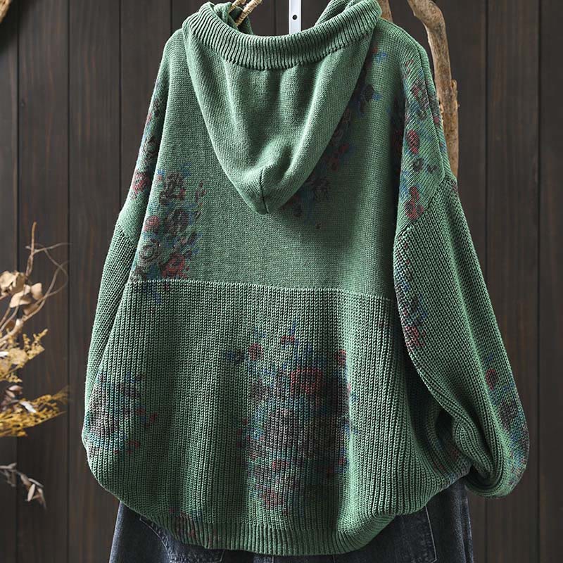 Rest Nest Women's Knitted Floral Long Sleeve Hooded Sweater