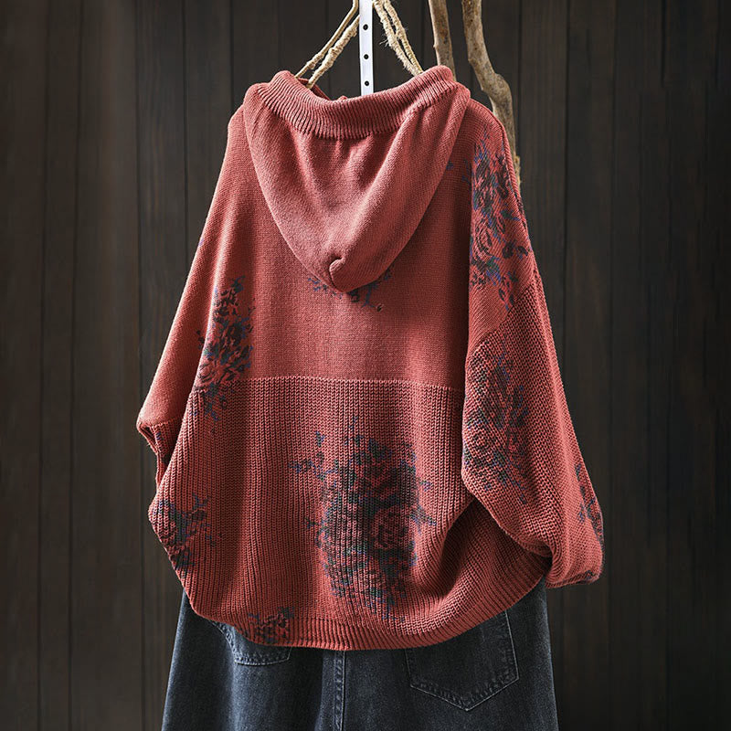 Rest Nest Women's Knitted Floral Long Sleeve Hooded Sweater