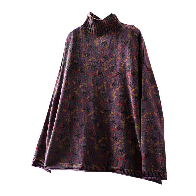 Rest Nest Knitted Plant Pattern Long Sleeve Mock Neck Women's Cotton Sweater