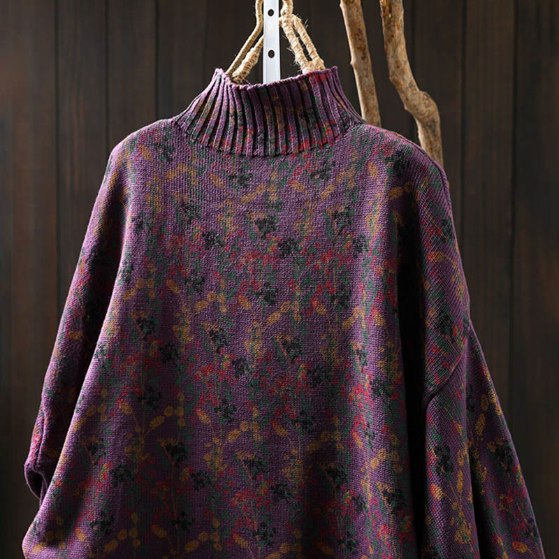 Rest Nest Knitted Plant Pattern Long Sleeve Mock Neck Women's Cotton Sweater