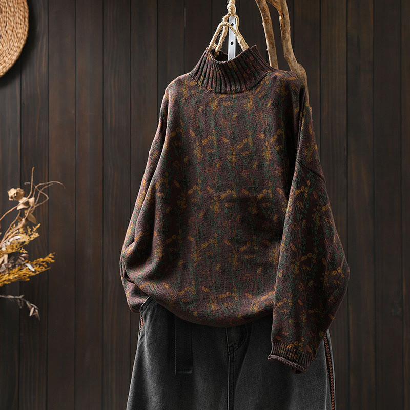 Rest Nest Knitted Plant Pattern Long Sleeve Mock Neck Women's Cotton Sweater