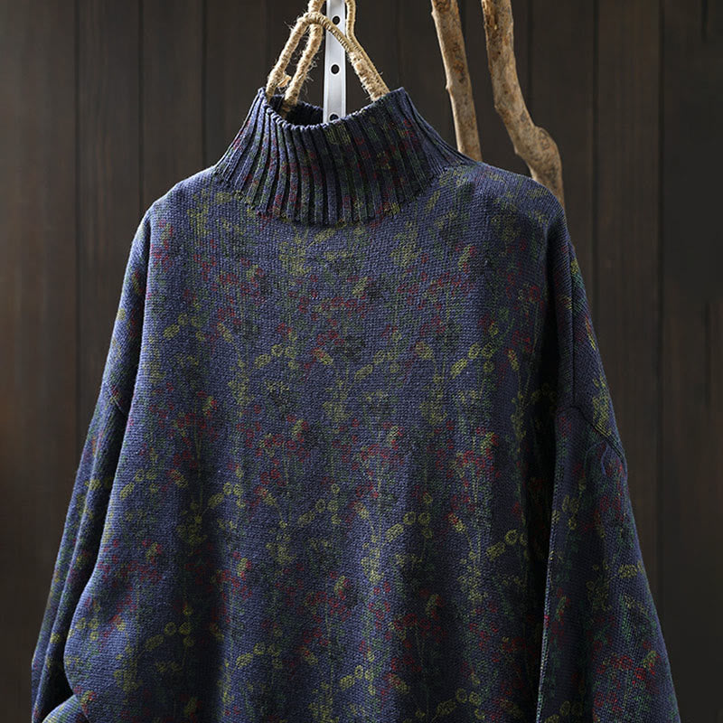 Rest Nest Knitted Plant Pattern Long Sleeve Mock Neck Women's Cotton Sweater