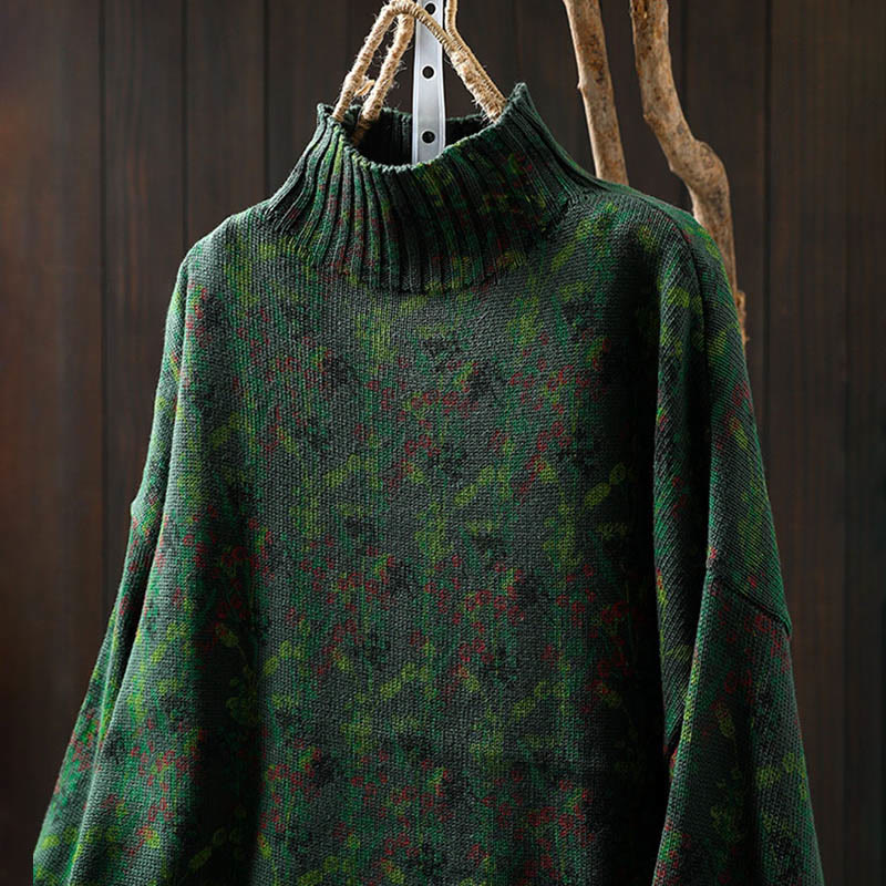 Rest Nest Knitted Plant Pattern Long Sleeve Mock Neck Women's Cotton Sweater