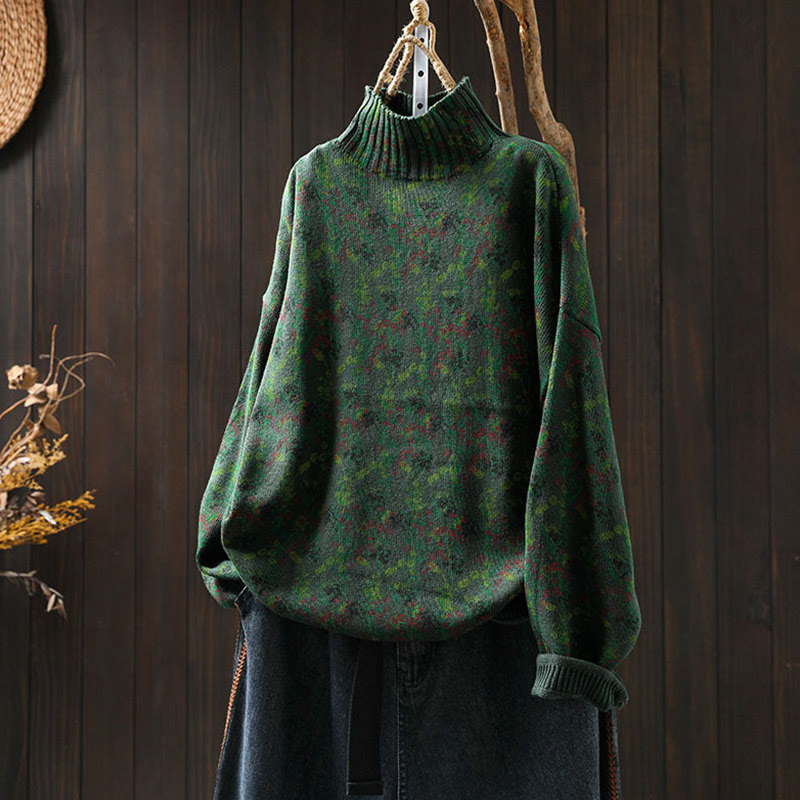 Rest Nest Knitted Plant Pattern Long Sleeve Mock Neck Women's Cotton Sweater