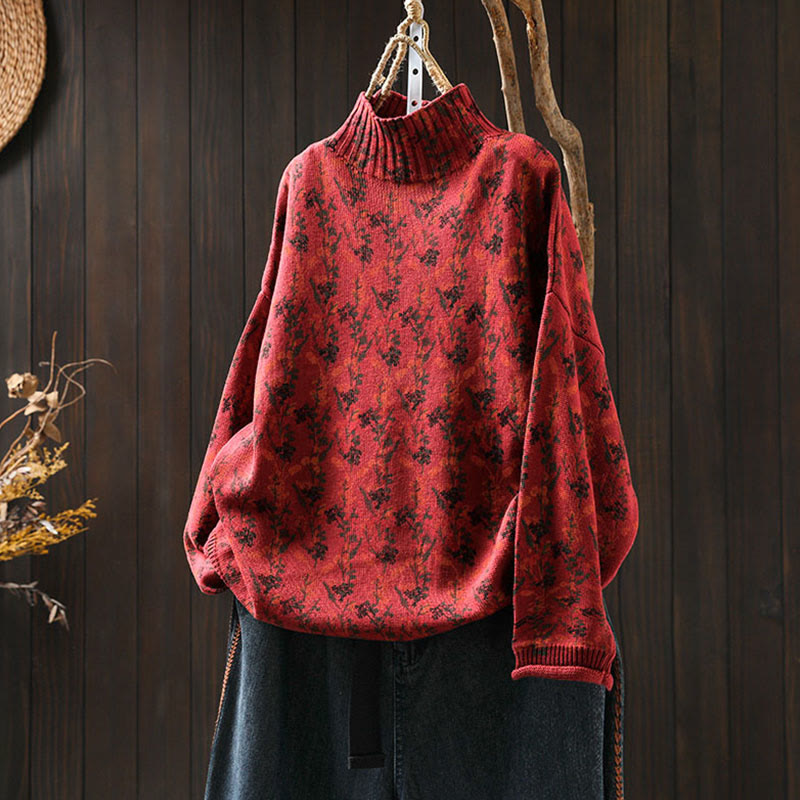Rest Nest Knitted Plant Pattern Long Sleeve Mock Neck Women's Cotton Sweater