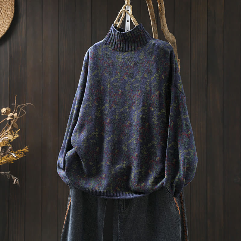 Rest Nest Knitted Plant Pattern Long Sleeve Mock Neck Women's Cotton Sweater