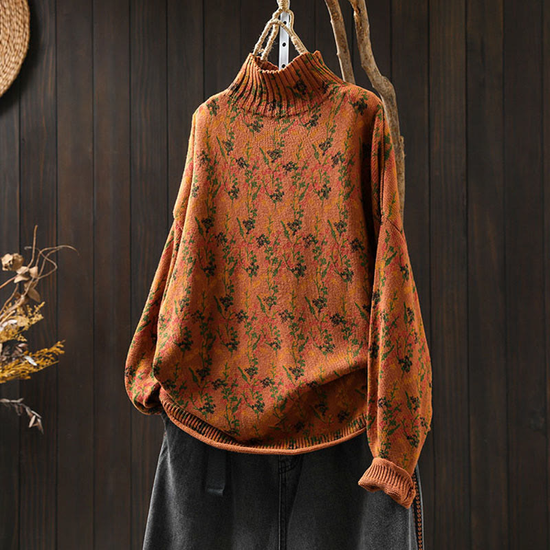 Rest Nest Knitted Plant Pattern Long Sleeve Mock Neck Women's Cotton Sweater