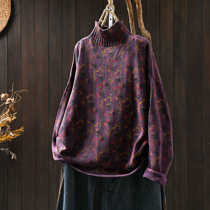 Rest Nest Knitted Plant Pattern Long Sleeve Mock Neck Women's Cotton Sweater