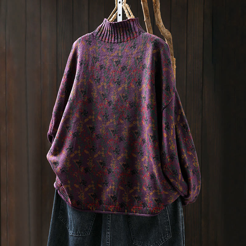 Rest Nest Knitted Plant Pattern Long Sleeve Mock Neck Women's Cotton Sweater
