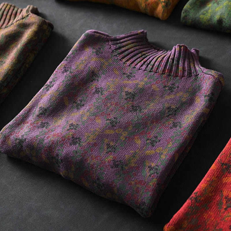 Rest Nest Knitted Plant Pattern Long Sleeve Mock Neck Women's Cotton Sweater