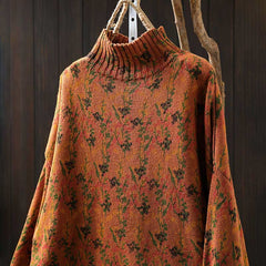 Rest Nest Knitted Plant Pattern Long Sleeve Mock Neck Women's Cotton Sweater