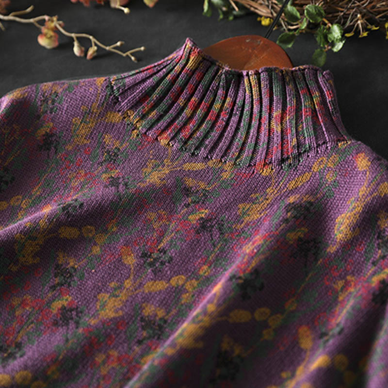 Rest Nest Knitted Plant Pattern Long Sleeve Mock Neck Women's Cotton Sweater