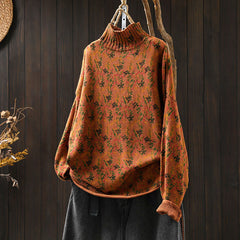 Rest Nest Knitted Plant Pattern Long Sleeve Mock Neck Women's Cotton Sweater