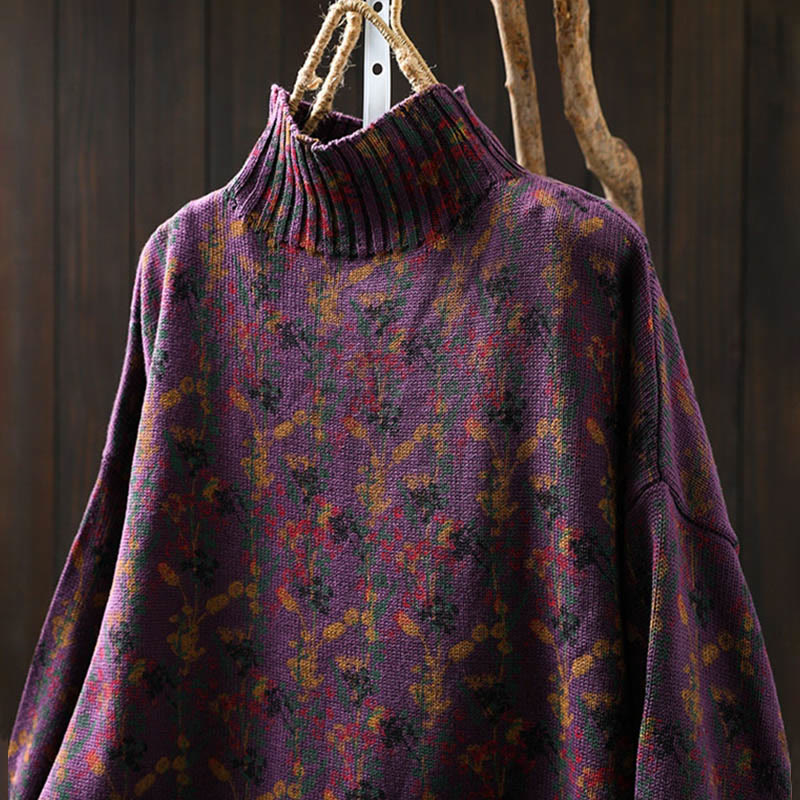 Rest Nest Knitted Plant Pattern Long Sleeve Mock Neck Women's Cotton Sweater