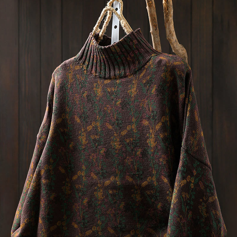 Rest Nest Knitted Plant Pattern Long Sleeve Mock Neck Women's Cotton Sweater
