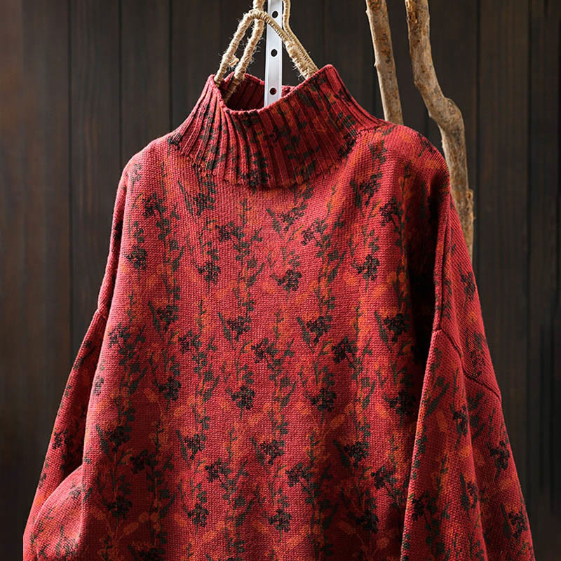 Rest Nest Knitted Plant Pattern Long Sleeve Mock Neck Women's Cotton Sweater