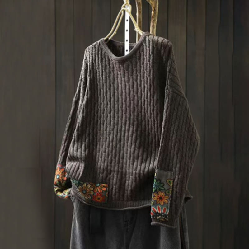 Rest Nest Winter Patchwork Design Long Sleeve Crew Neck Women's Sweater