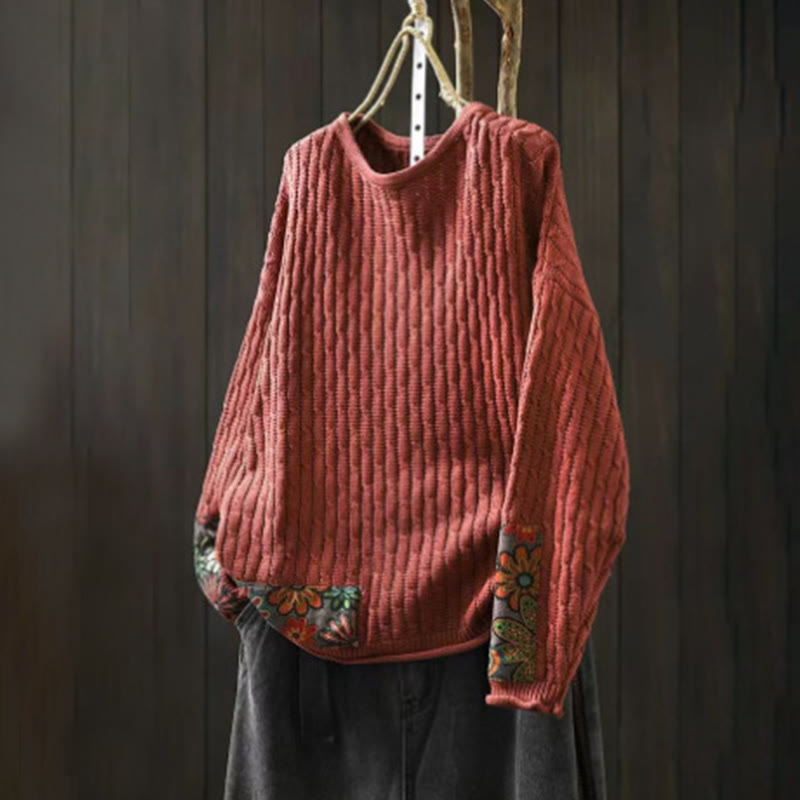 Rest Nest Winter Patchwork Design Long Sleeve Crew Neck Women's Sweater