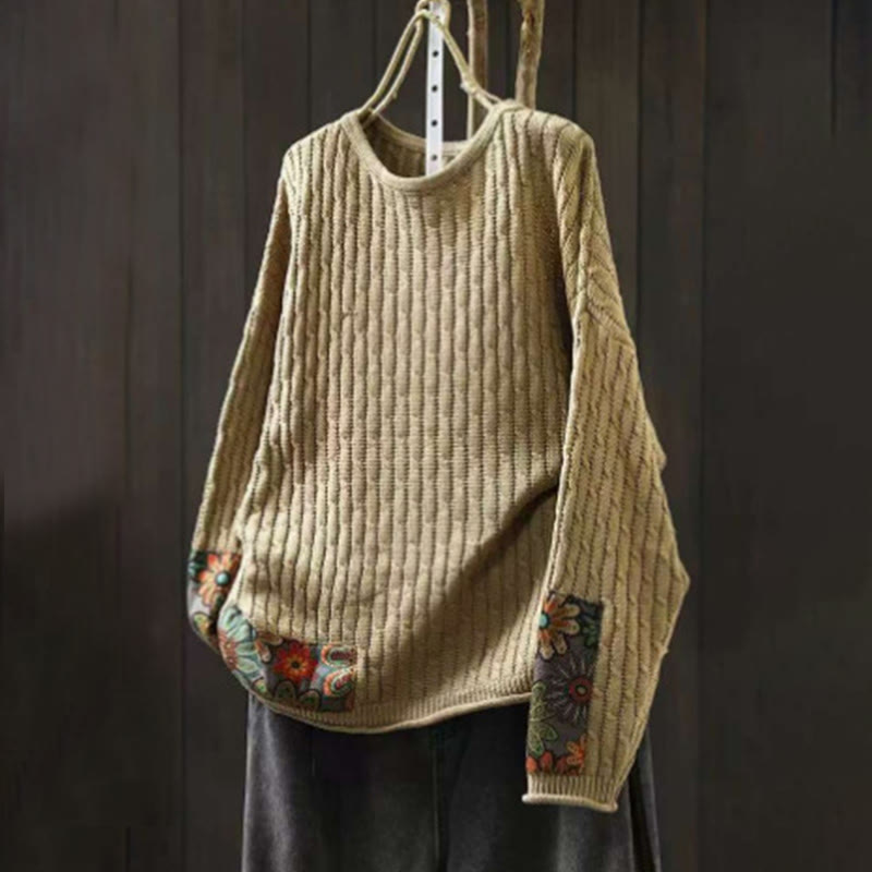 Rest Nest Winter Patchwork Design Long Sleeve Crew Neck Women's Sweater