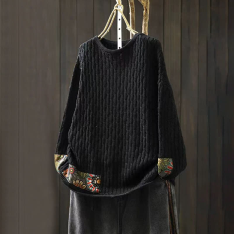 Rest Nest Winter Patchwork Design Long Sleeve Crew Neck Women's Sweater