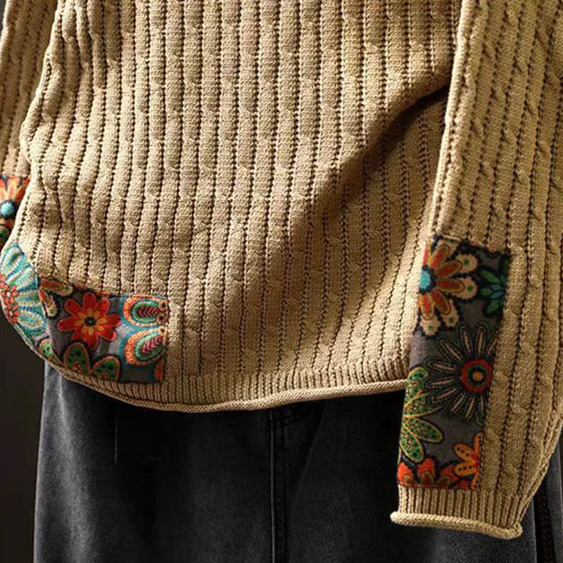 Rest Nest Winter Patchwork Design Long Sleeve Crew Neck Women's Sweater