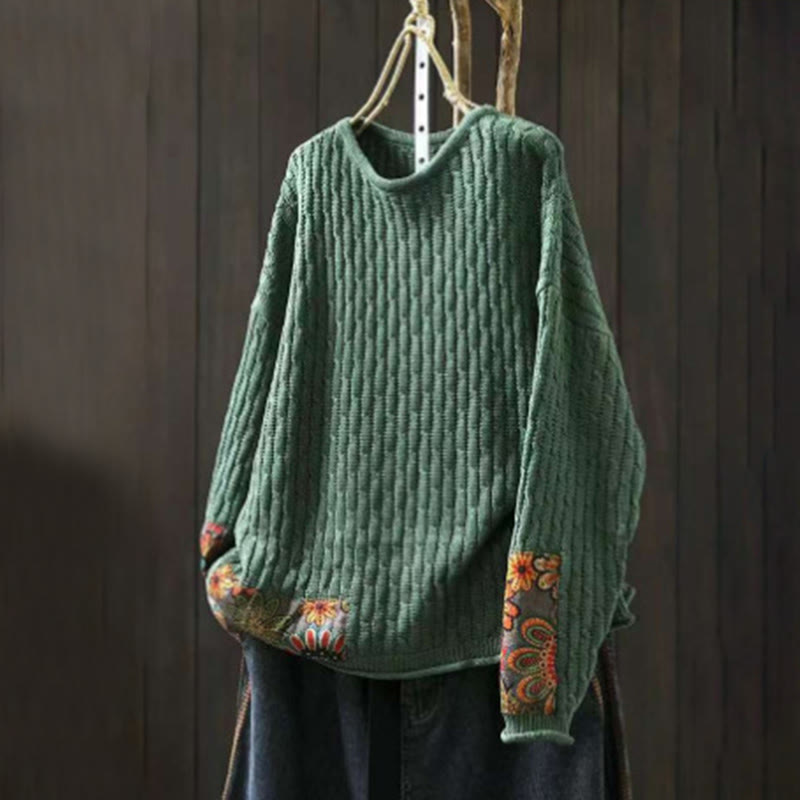 Rest Nest Winter Patchwork Design Long Sleeve Crew Neck Women's Sweater
