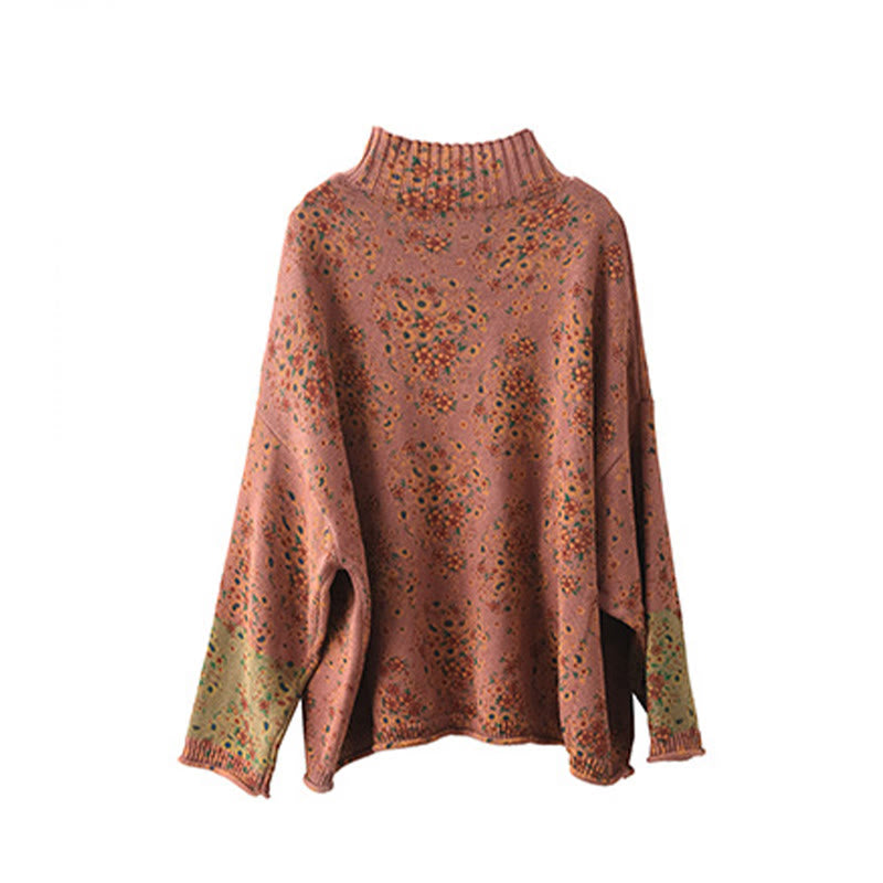 Rest Nest Fall Printing Floral Long Sleeve Mock Neck Women's Knitted Sweater