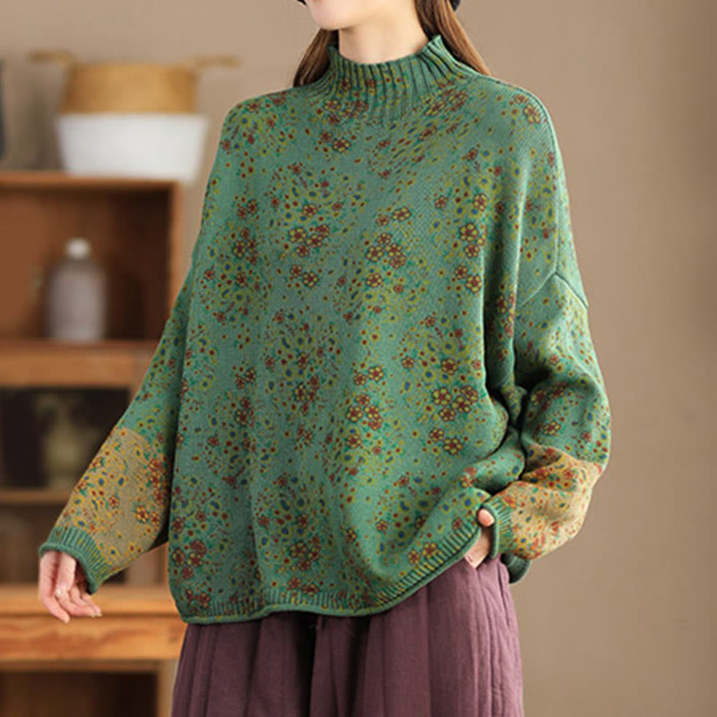 Rest Nest Fall Printing Floral Long Sleeve Mock Neck Women's Knitted Sweater