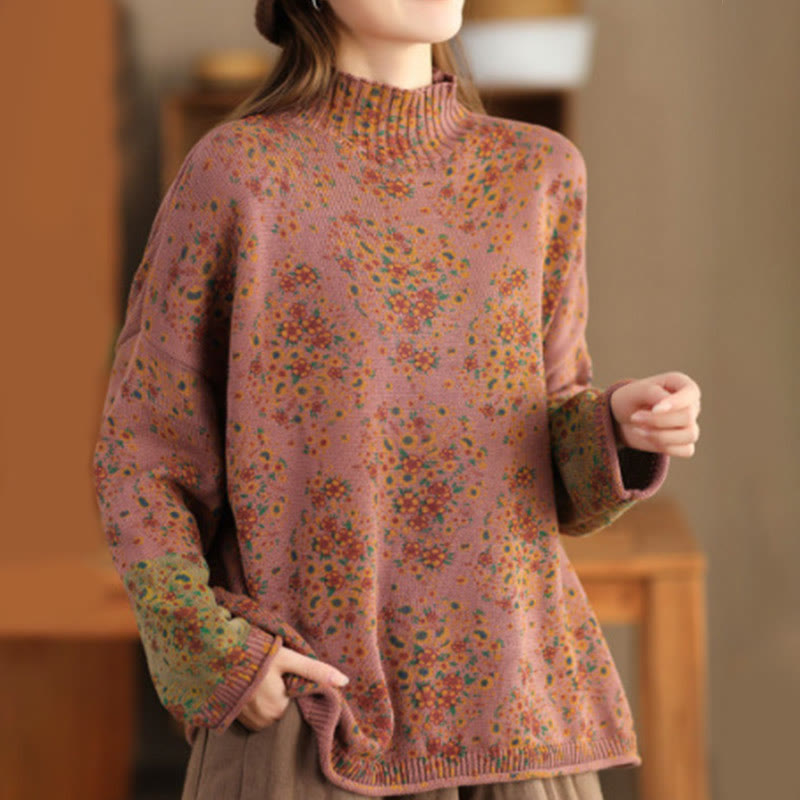 Rest Nest Fall Printing Floral Long Sleeve Mock Neck Women's Knitted Sweater