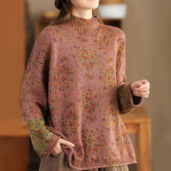 Rest Nest Fall Printing Floral Long Sleeve Mock Neck Women's Knitted Sweater