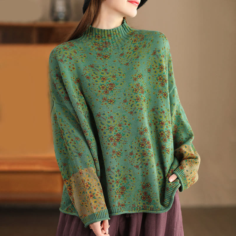 Rest Nest Fall Printing Floral Long Sleeve Mock Neck Women's Knitted Sweater
