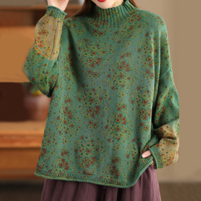 Rest Nest Fall Printing Floral Long Sleeve Mock Neck Women's Knitted Sweater