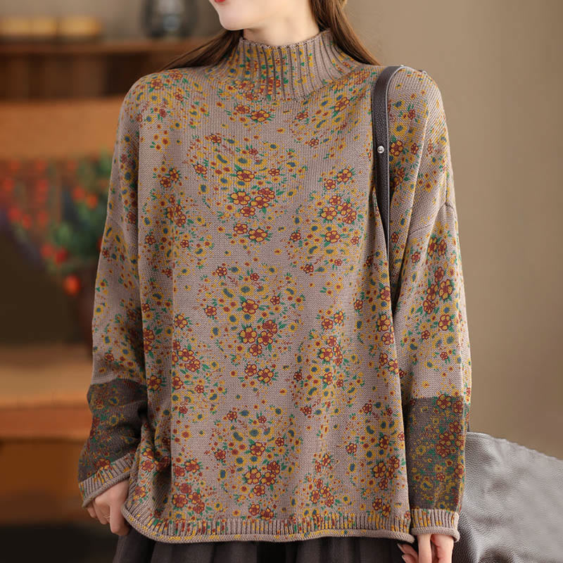 Rest Nest Fall Printing Floral Long Sleeve Mock Neck Women's Knitted Sweater