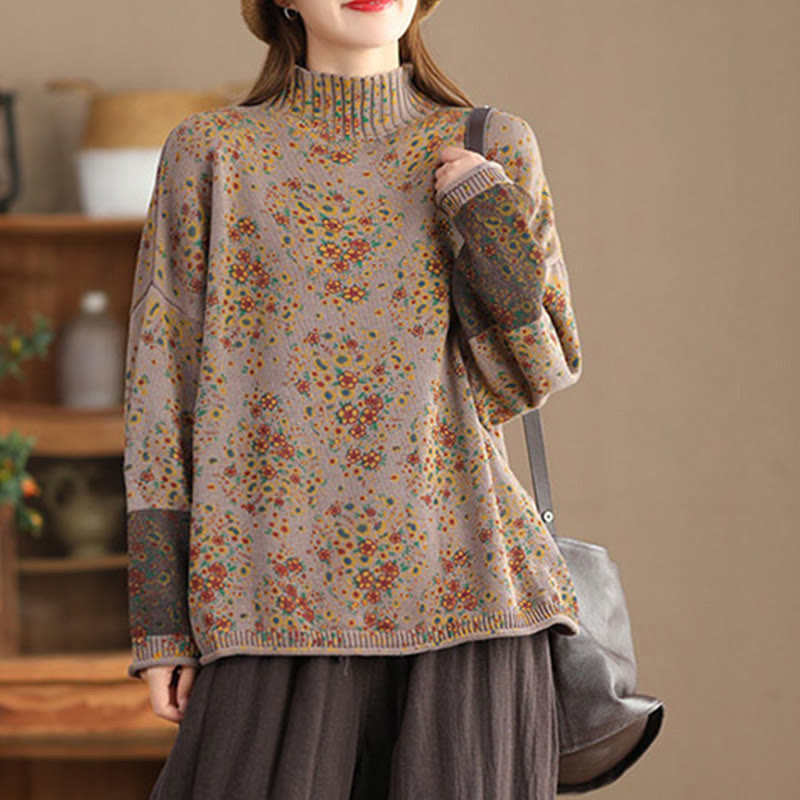 Rest Nest Fall Printing Floral Long Sleeve Mock Neck Women's Knitted Sweater