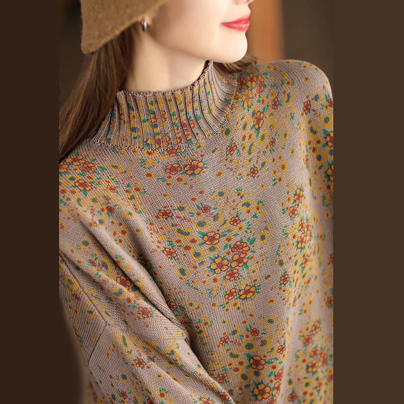 Rest Nest Fall Printing Floral Long Sleeve Mock Neck Women's Knitted Sweater