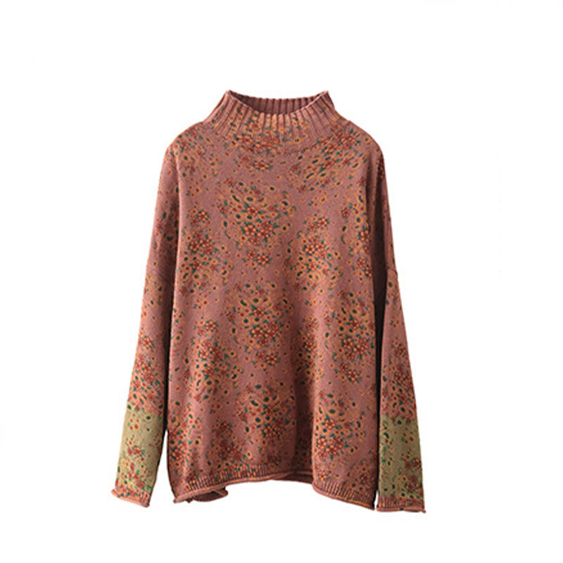 Rest Nest Fall Printing Floral Long Sleeve Mock Neck Women's Knitted Sweater