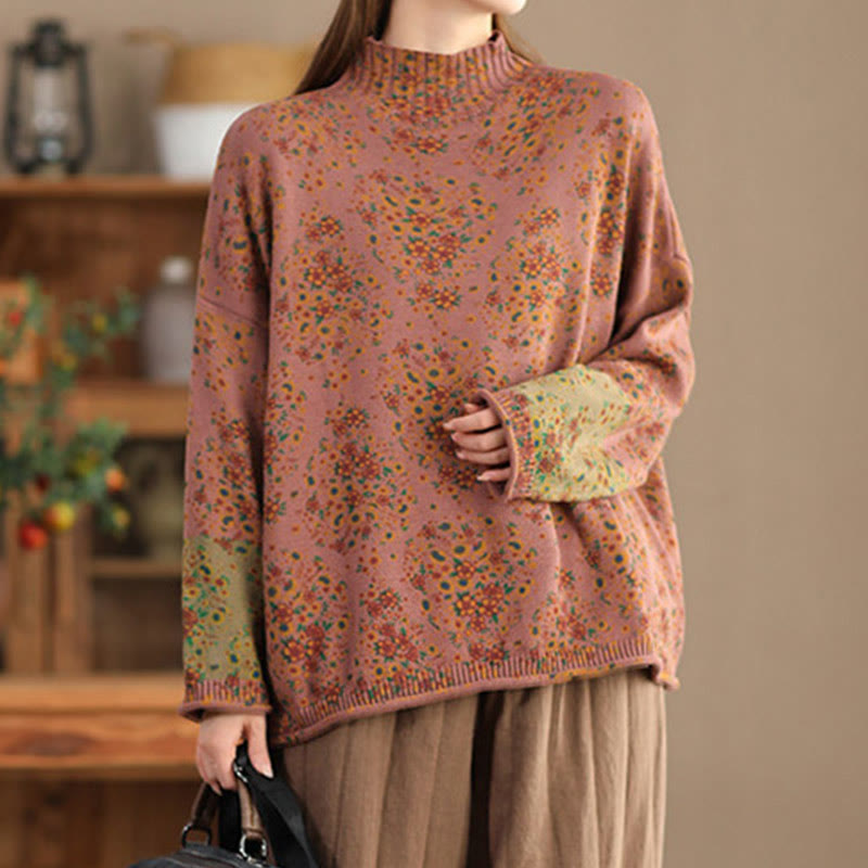 Rest Nest Fall Printing Floral Long Sleeve Mock Neck Women's Knitted Sweater