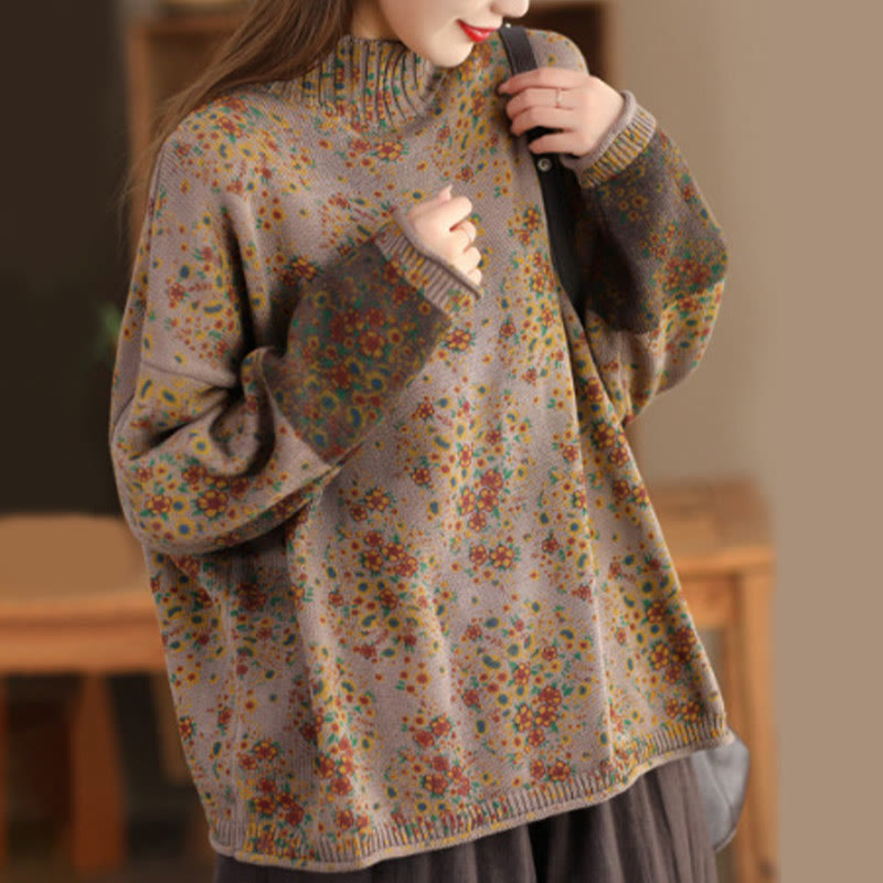 Rest Nest Fall Printing Floral Long Sleeve Mock Neck Women's Knitted Sweater