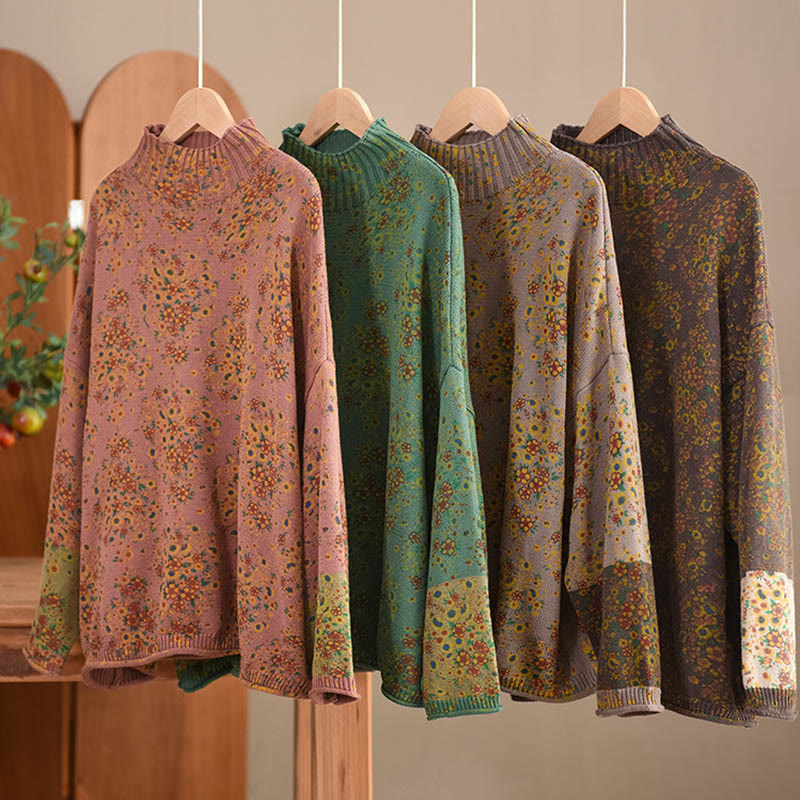 Rest Nest Fall Printing Floral Long Sleeve Mock Neck Women's Knitted Sweater