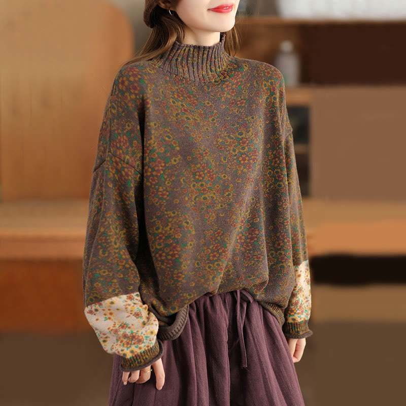 Rest Nest Fall Printing Floral Long Sleeve Mock Neck Women's Knitted Sweater