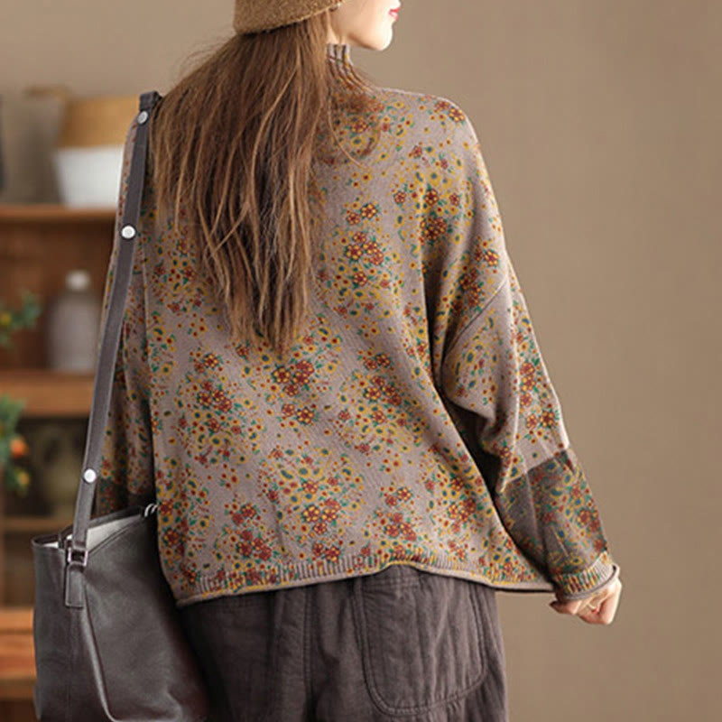 Rest Nest Fall Printing Floral Long Sleeve Mock Neck Women's Knitted Sweater