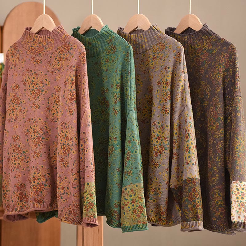 Rest Nest Fall Printing Floral Long Sleeve Mock Neck Women's Knitted Sweater
