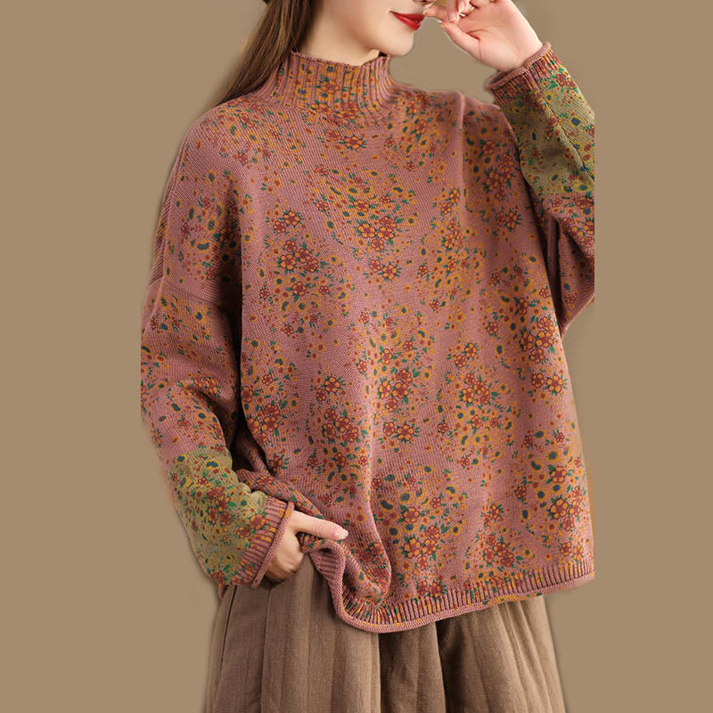 Rest Nest Fall Printing Floral Long Sleeve Mock Neck Women's Knitted Sweater