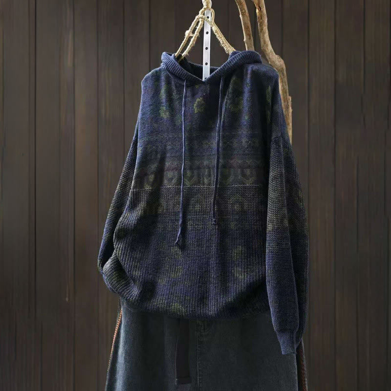 Rest Nest Fall Striped Geometric Flowers Cotton Women's Long Sleeve Pullover Knitted Hoodie